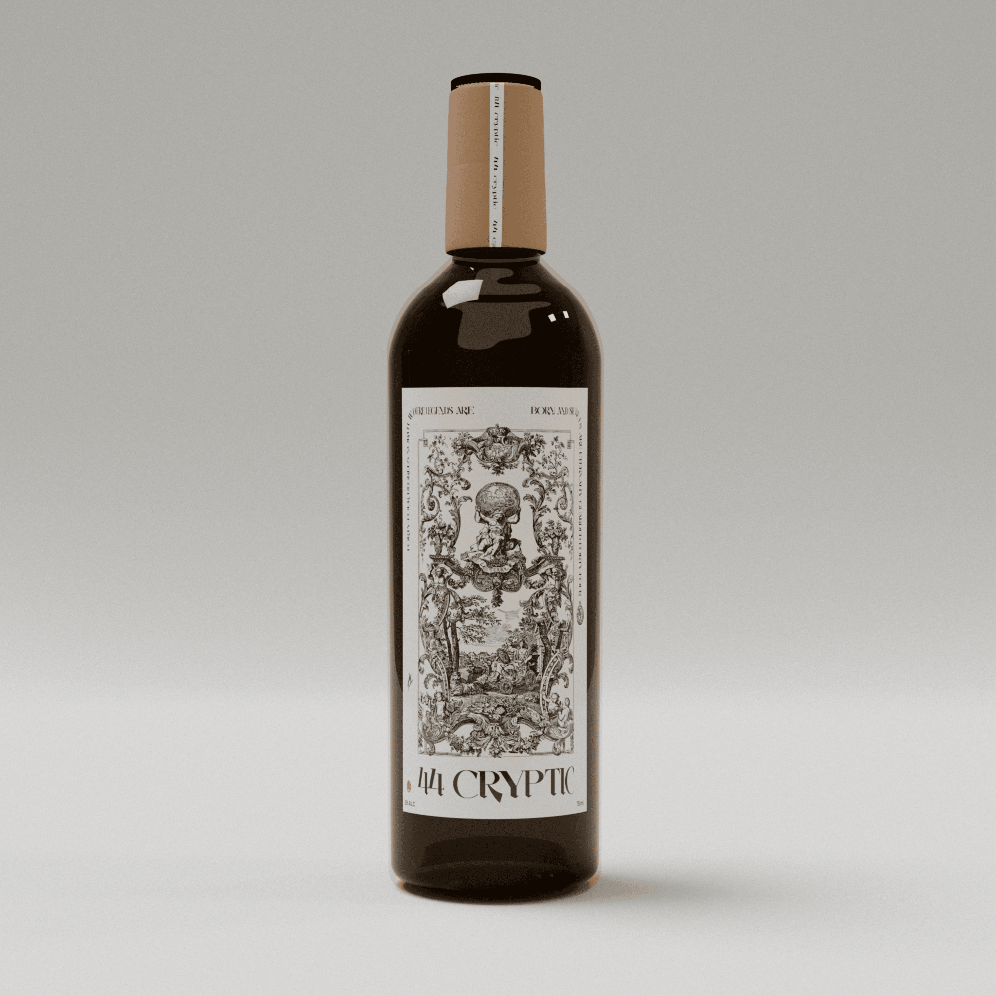 44 Cryptic wine bottle featuring vintage baroque engraving design with ornate skull motif and classical typography on white label against neutral background