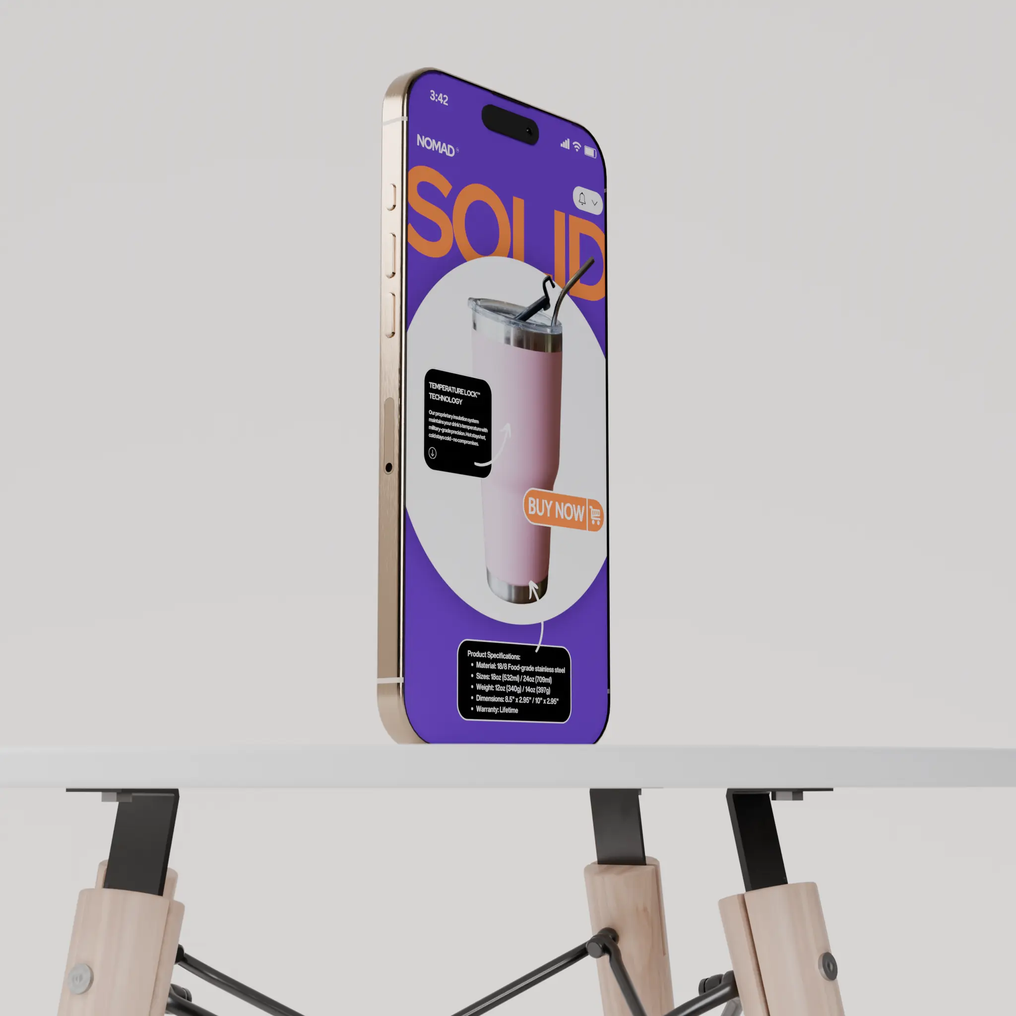 For what I assume is a lifestyle/product design image:
"NOMAD tumbler in real-world setting transitioning between urban and outdoor environments, highlighting versatile brand positioning and sustainable premium design